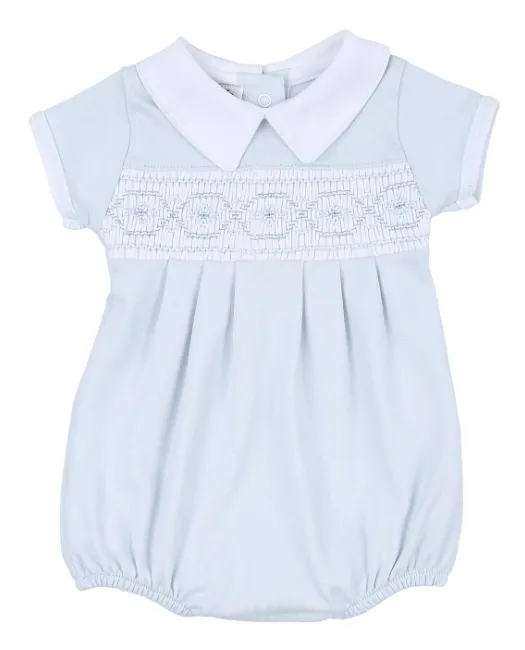 Abby And Alex Smocked Collared Short Sleeve Bubble - Light Blue