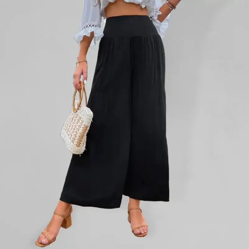 Casual wide-leg cotton and linen high-waist loose trousers for women