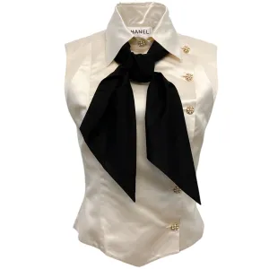 Chanel Ivory Silk Sleeveless Blouse with Black Tie Neck