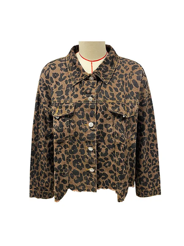 Long Sleeves Loose Buttoned Fringed Leopard Pockets Lapel Outerwear