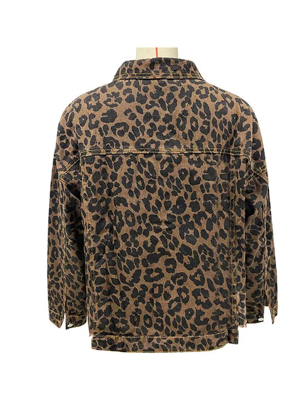 Long Sleeves Loose Buttoned Fringed Leopard Pockets Lapel Outerwear