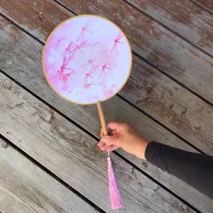 SALE - Elegant Round Silk Fan - Pink Dragonflies