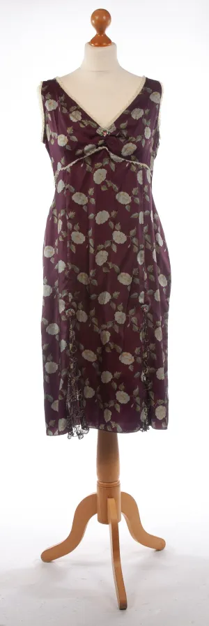 Burgundy Silk Dress with Green Floral Lace Panels - UK 14 - Whistles