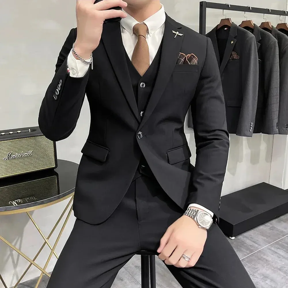 Wiaofellas  -  Formal Solid Men Suits Elegant Notch Lapel One Button Outfits Business Casual Office Wedding Groom Tuxedo Male Suit 3 Piece