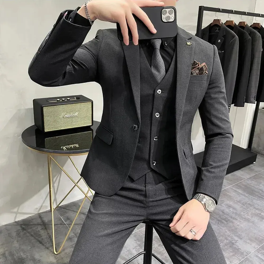 Wiaofellas  -  Formal Solid Men Suits Elegant Notch Lapel One Button Outfits Business Casual Office Wedding Groom Tuxedo Male Suit 3 Piece